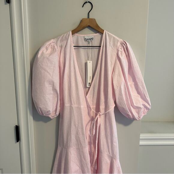 NWT GANNI Pink White Floral Poplin Wrap Maxi Dress 36 Small - Picture 12 of 14